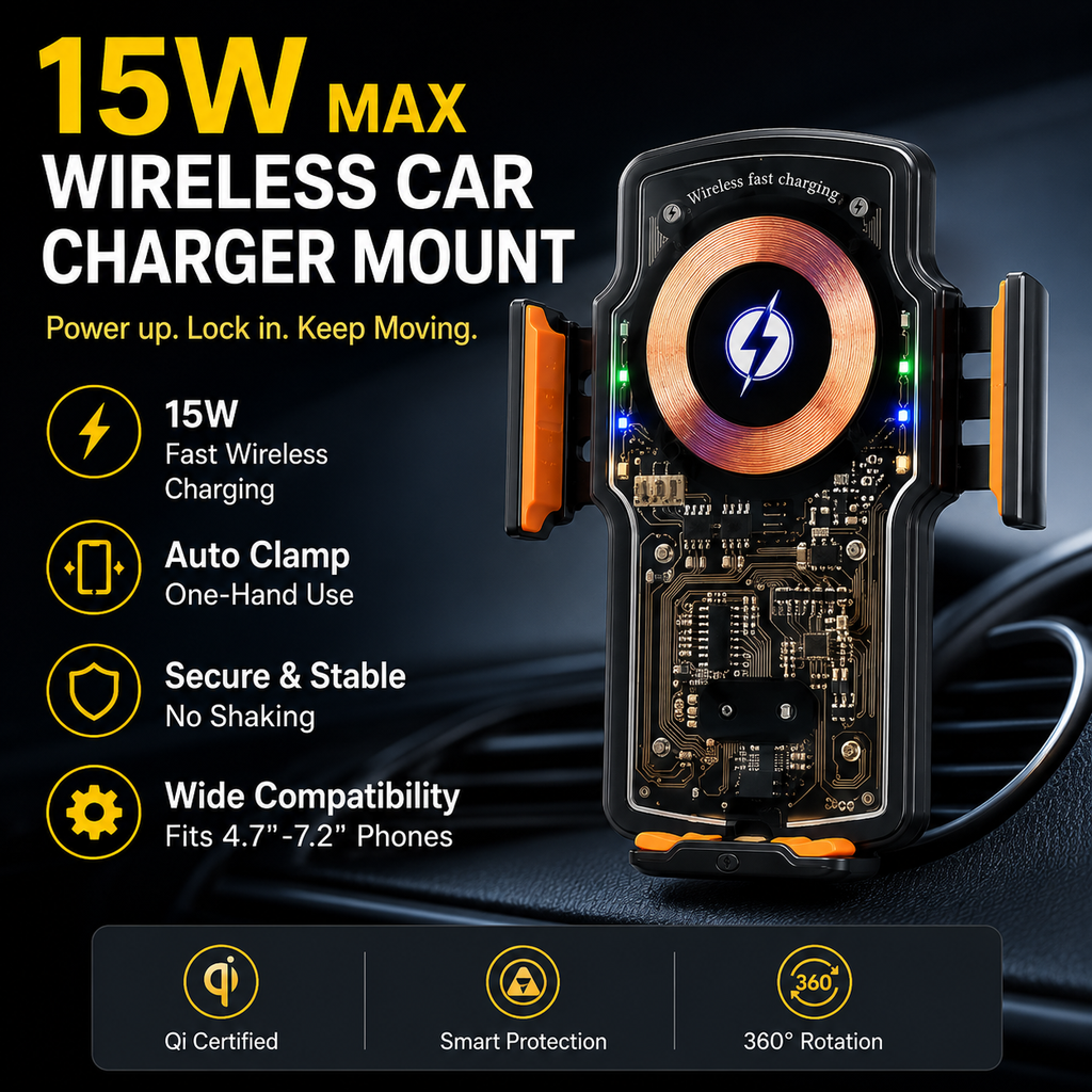Wireless car charger, self-clamping car mount, air vent car phone holder
