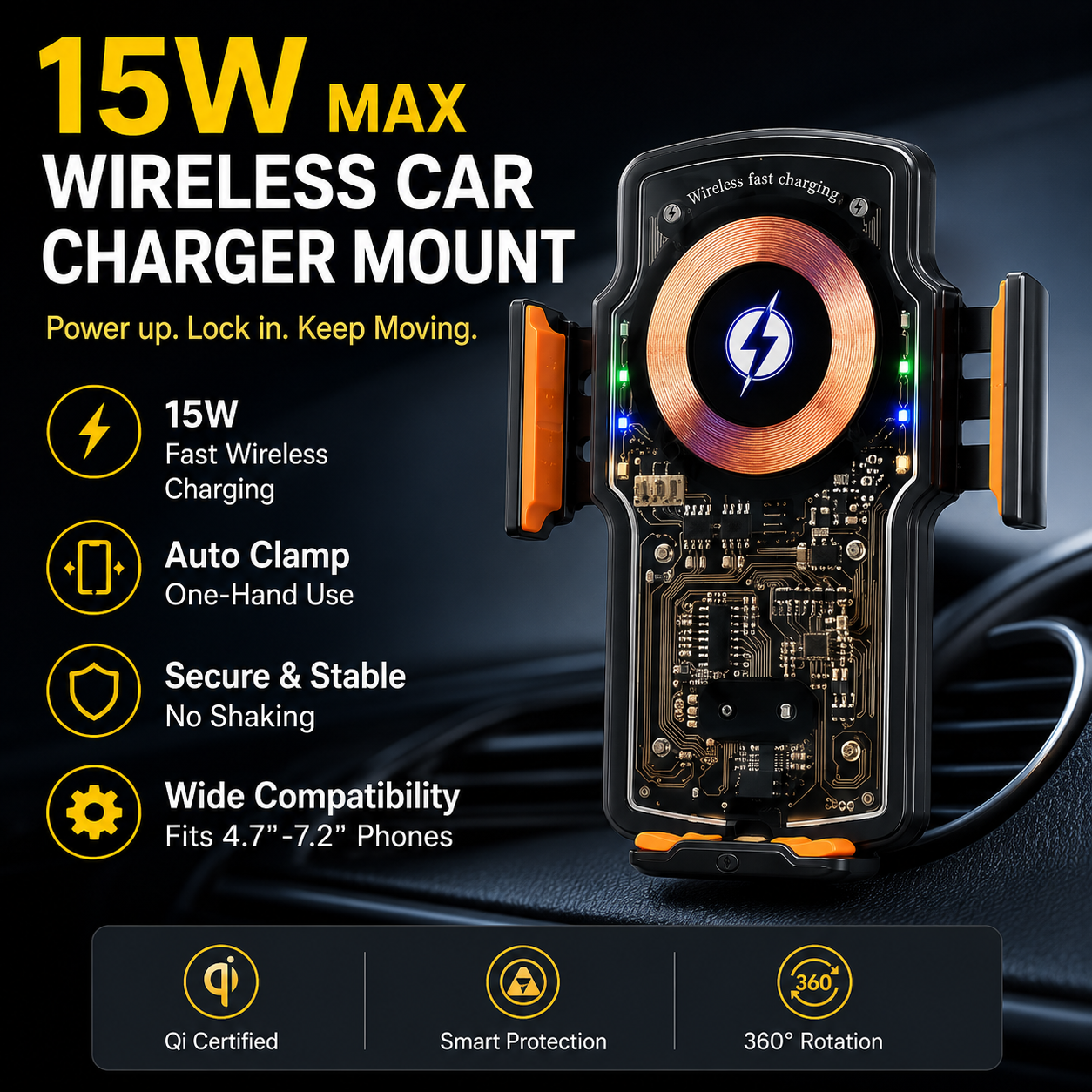 Wireless car charger, self-clamping car mount, air vent car phone holder