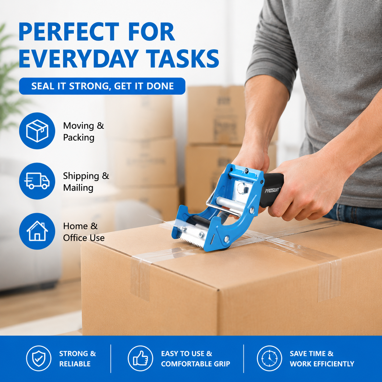 2.5 in Blue Tape Dispenser Heavy Duty Packing Tape Cutter Handheld Sealing Tool