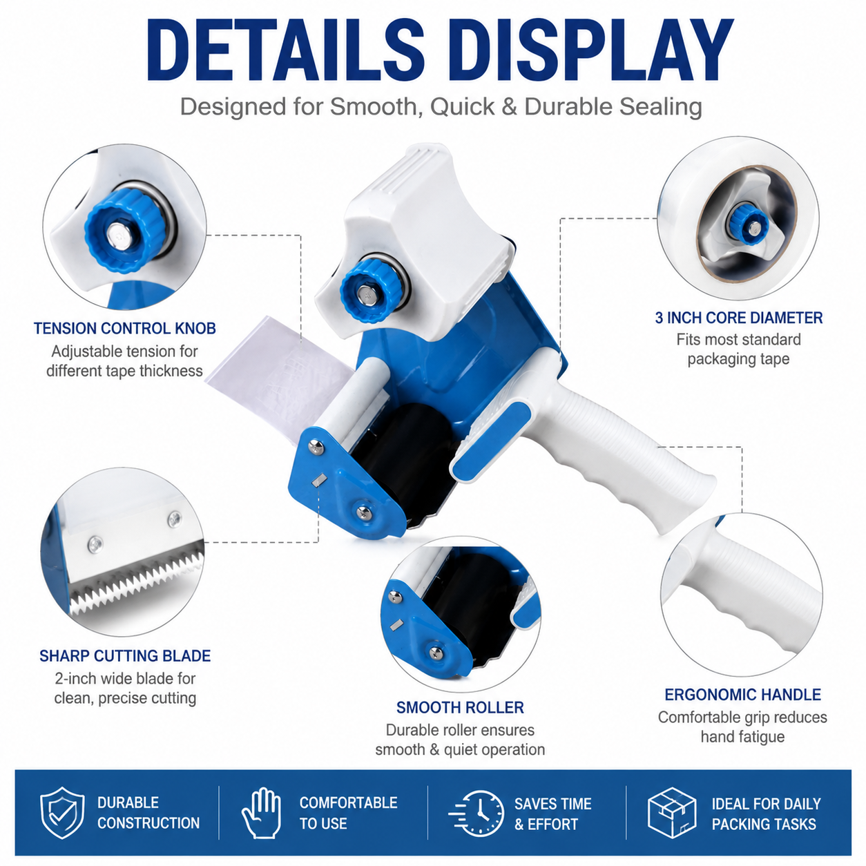 2-inch Blue and White Tape Dispenser | Heavy-Duty Carton Sealing Tape Gun 2 pcs