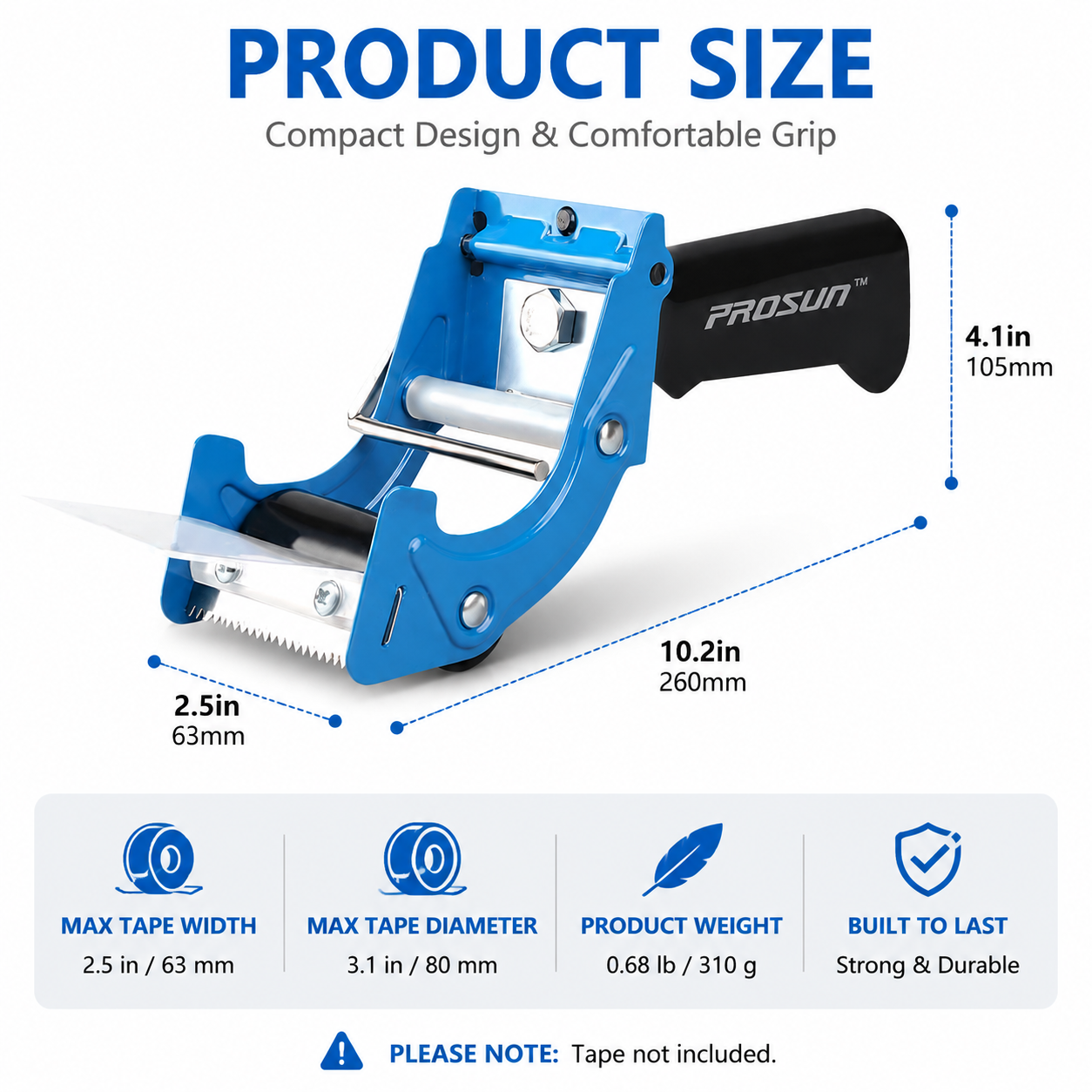 2.5 in Blue Tape Dispenser Heavy Duty Packing Tape Cutter Handheld Sealing Tool