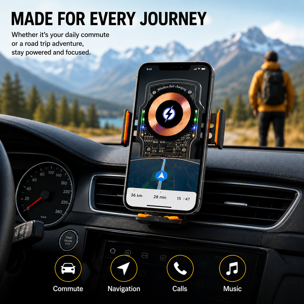 Wireless car charger, self-clamping car mount, air vent car phone holder