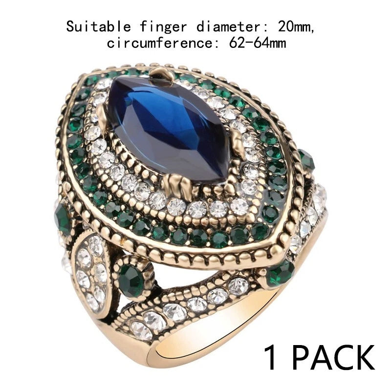 Vintage blue turquoise wide ring resin crystal ring, women's ring accessories