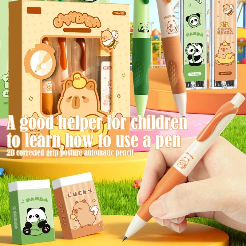 Panda/Capybara Cartoon Automatic Pencil Set - Four Pens + Refill Leads + Eraser