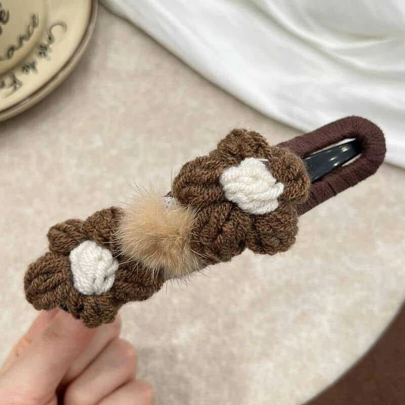 2 hair clips with plush flowers - dark coffee color (11.5 cm), duck beak clip