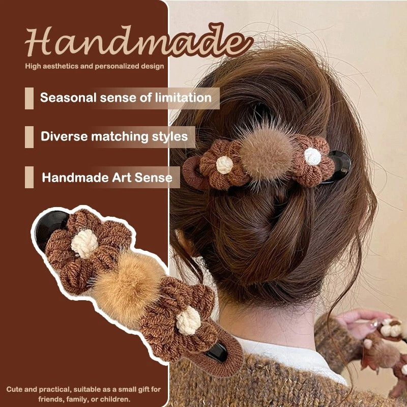 Two autumn and winter woolen flower hair clips and women's hair accessories