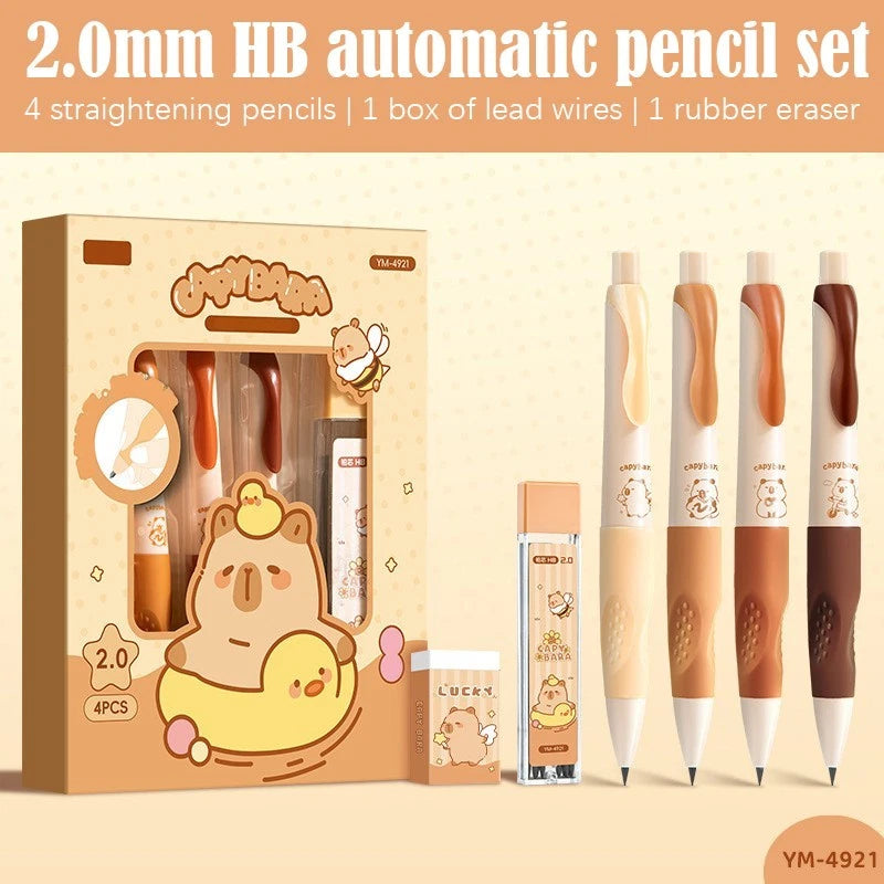 Panda/Capybara Cartoon Automatic Pencil Set - Four Pens + Refill Leads + Eraser