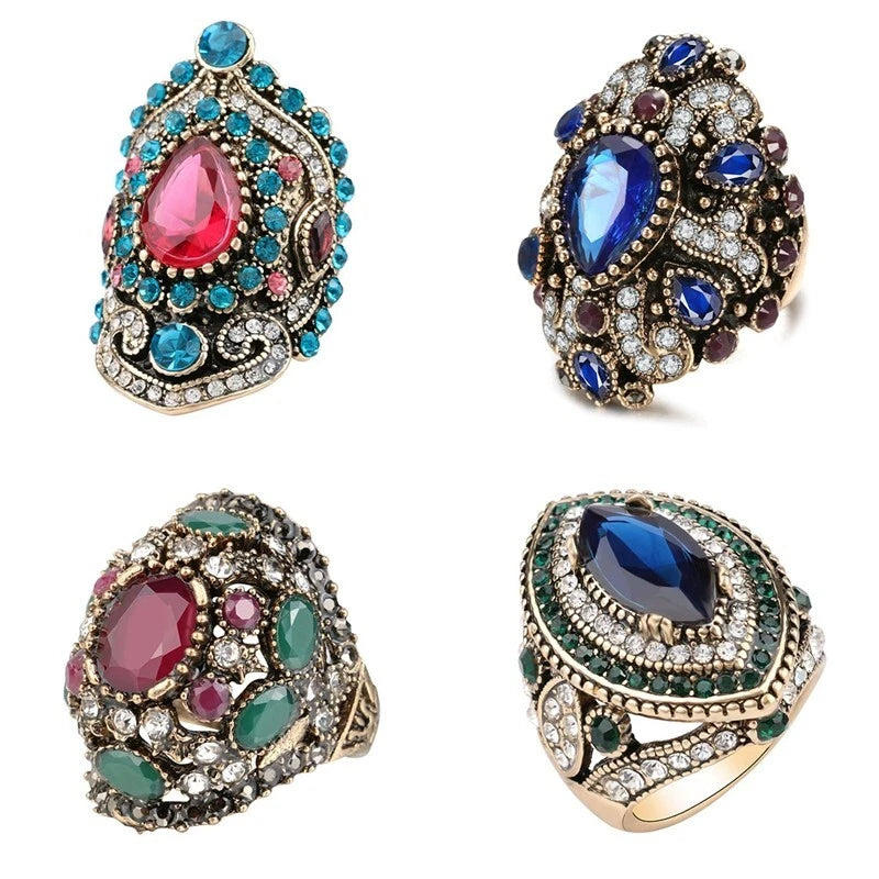 Women's Ring - Vintage Gold plated multi-colored gemstone ring for women