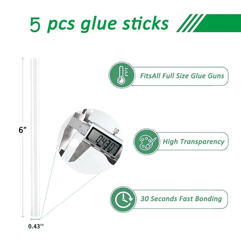 Mini hot melt glue sticks, 11x150mm, transparent, 5-200 pieces per pack.