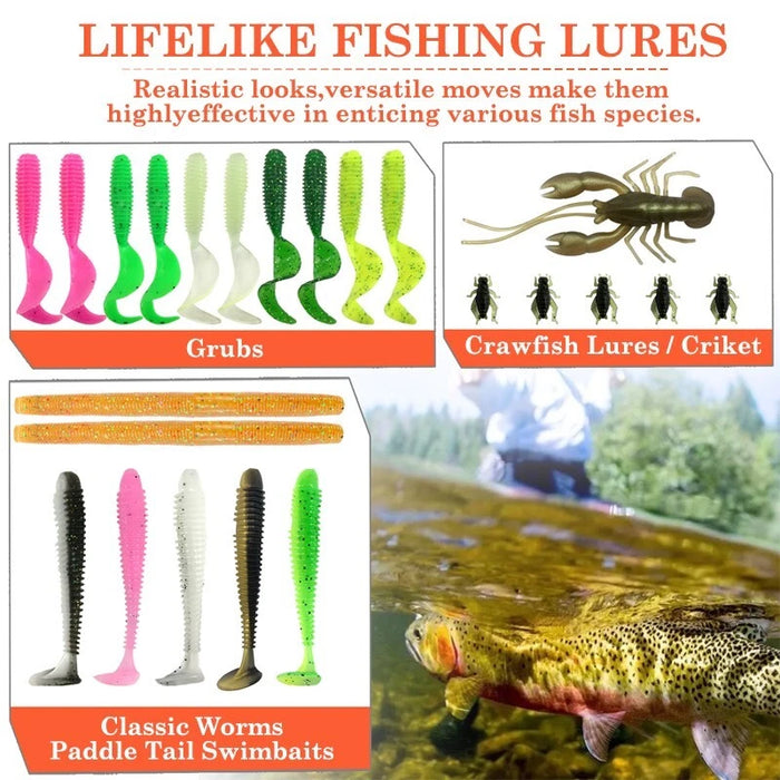 138 Bait sets - Fishing gear box with spoon bait, soft plastic worms and bait