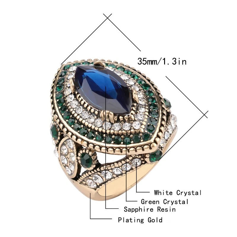 Vintage blue turquoise wide ring resin crystal ring, women's ring accessories
