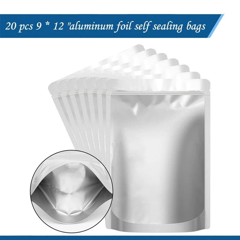 Polyester film bags, aluminum foil, off-white silver food packages, 20 pieces