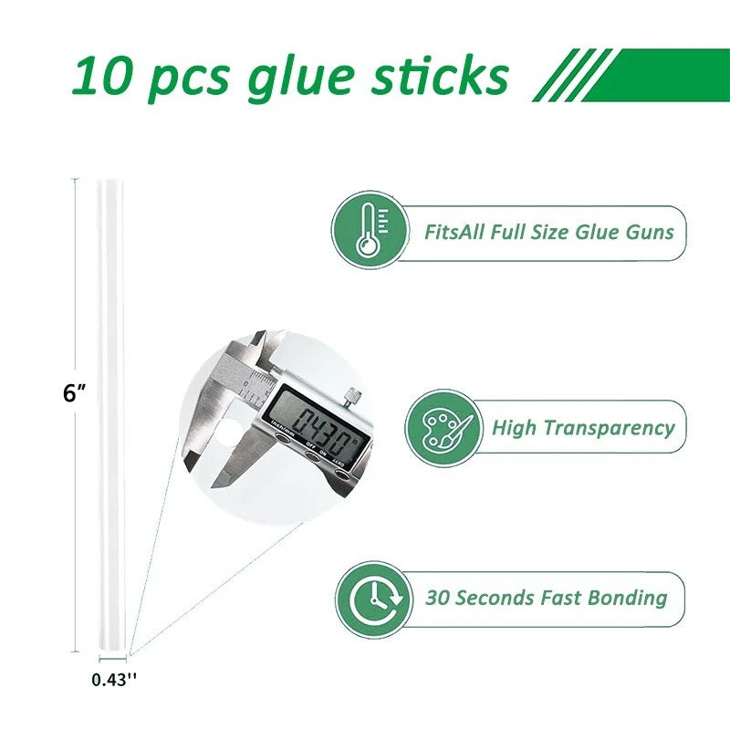 Mini hot melt glue sticks, 11x150mm, transparent, 5-200 pieces per pack.