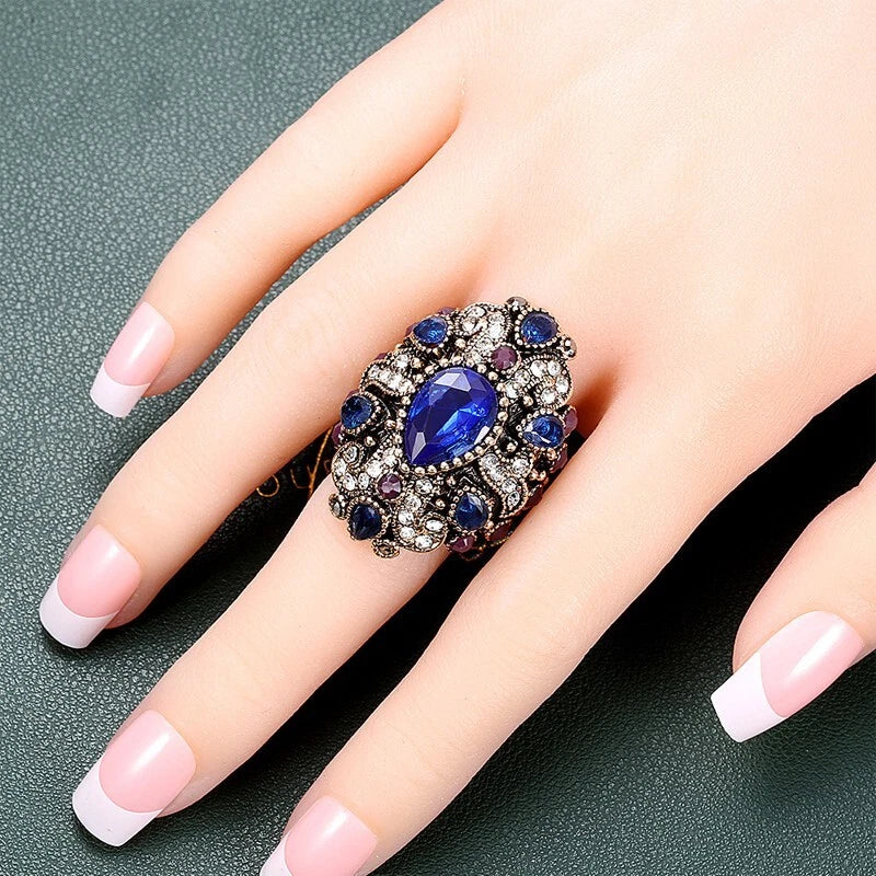 Women's Ring - Vintage Gold plated multi-colored gemstone ring for women
