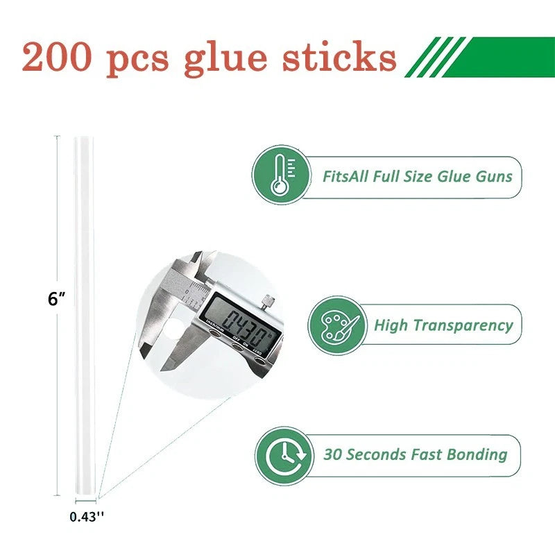 Mini hot melt glue sticks, 11x150mm, transparent, 5-200 pieces per pack.