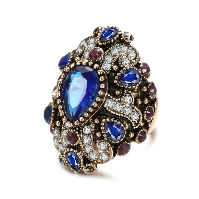Vintage sapphire wide ring resin crystal ring, women's ring accessories