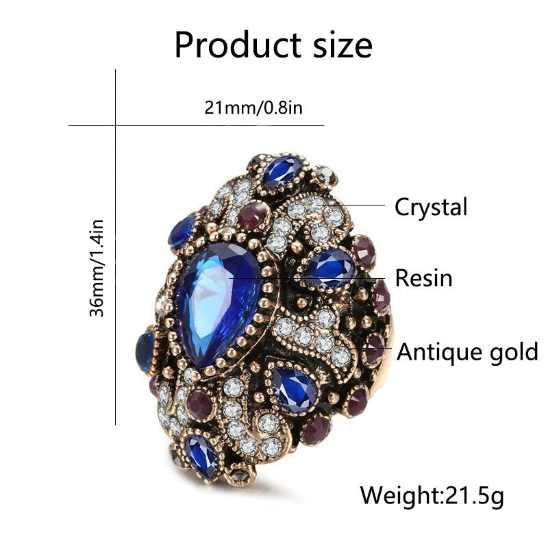 Vintage sapphire wide ring resin crystal ring, women's ring accessories