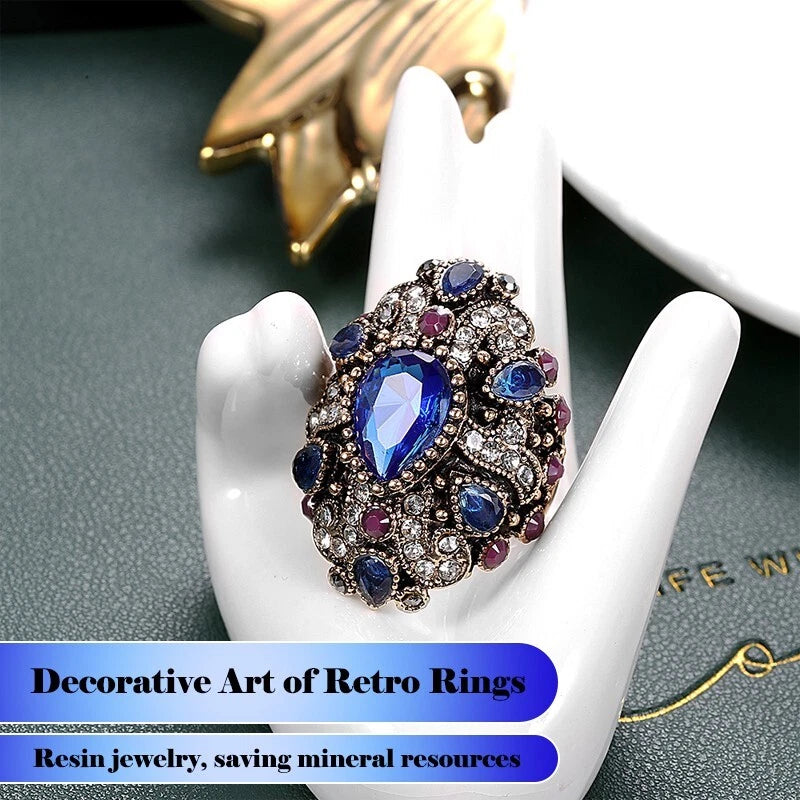 Vintage sapphire wide ring resin crystal ring, women's ring accessories