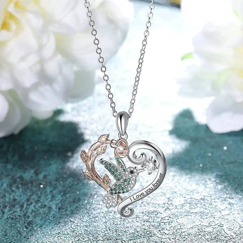 Rose heart-shaped pendant Hummingbird necklace/Birthday and Valentine's Day gift