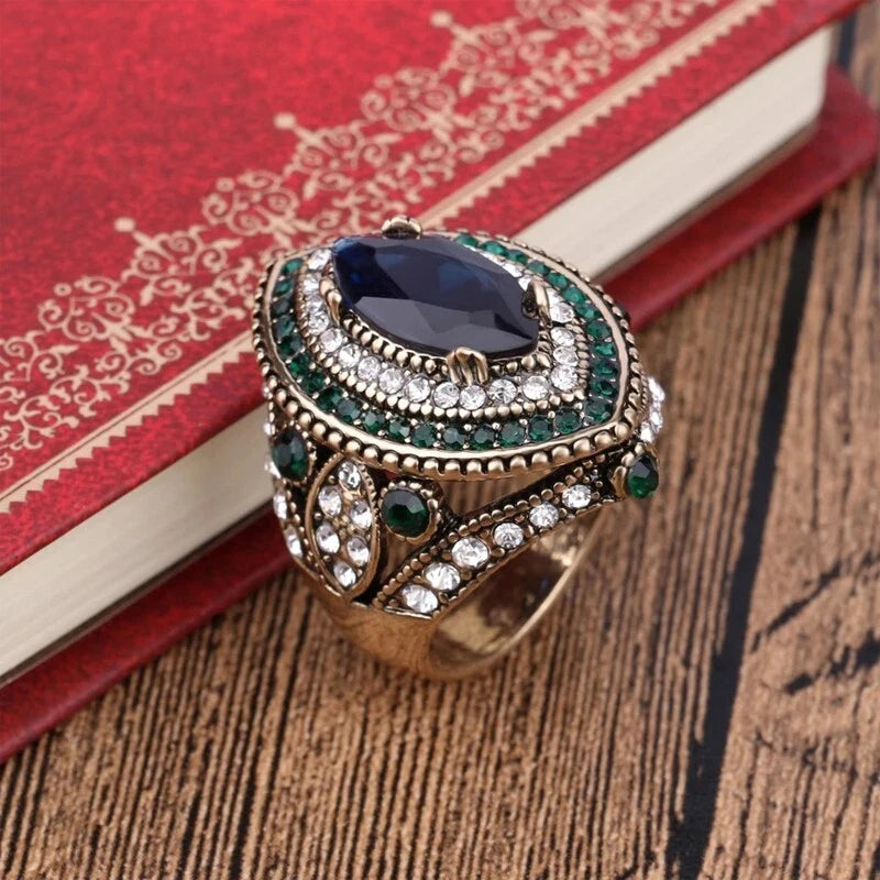 Vintage blue turquoise wide ring resin crystal ring, women's ring accessories