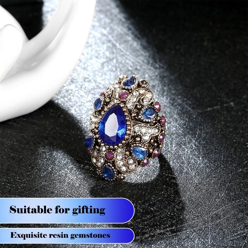 Vintage sapphire wide ring resin crystal ring, women's ring accessories