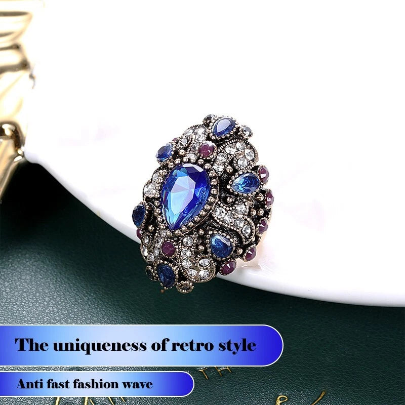 Vintage sapphire wide ring resin crystal ring, women's ring accessories