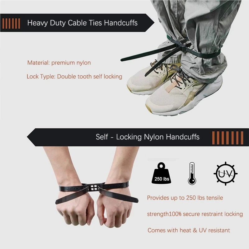 13x500mm Black Nylon Handcuff Straps | Heavy Duty Tie-Down Straps - 4 Pack
