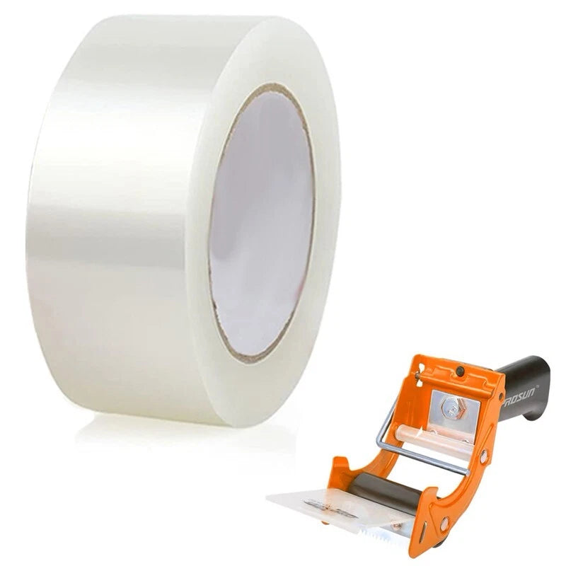 A 50mm × 100-meter box sealed with transparent packaging tape tightly wrapped