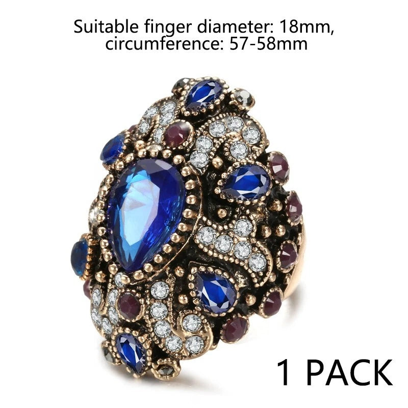 Vintage sapphire wide ring resin crystal ring, women's ring accessories