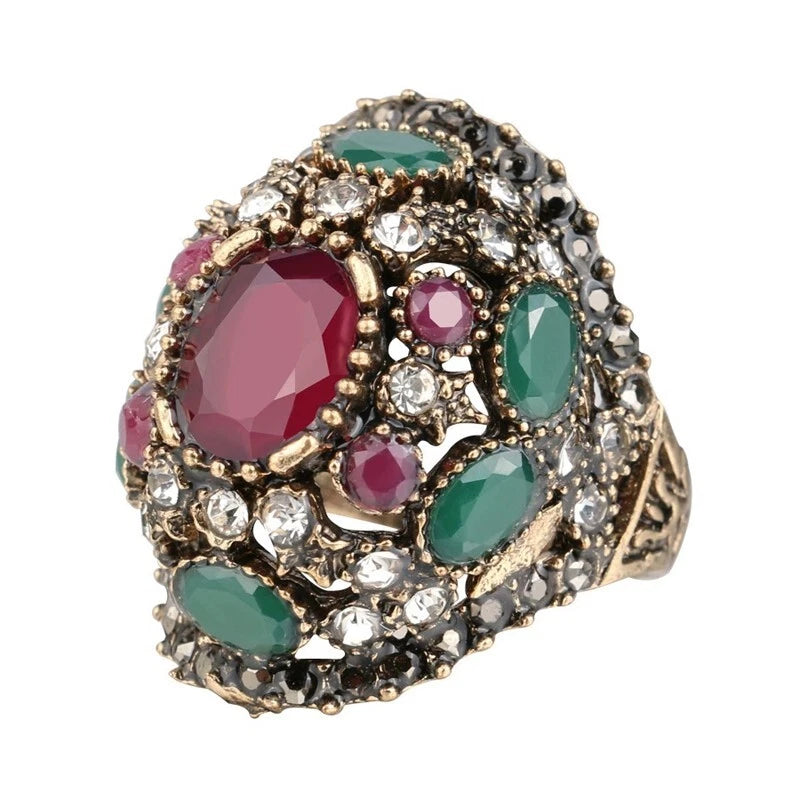 Vintage red turquoise square wide ring crystal zircon ring, women's ring jewelry