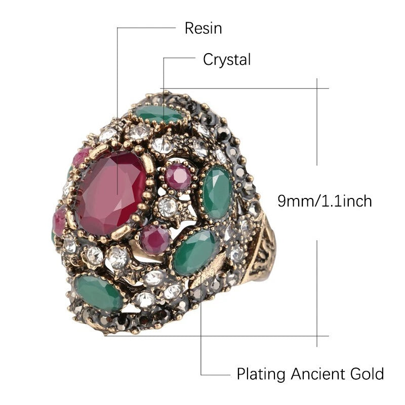Vintage red turquoise square wide ring crystal zircon ring, women's ring jewelry