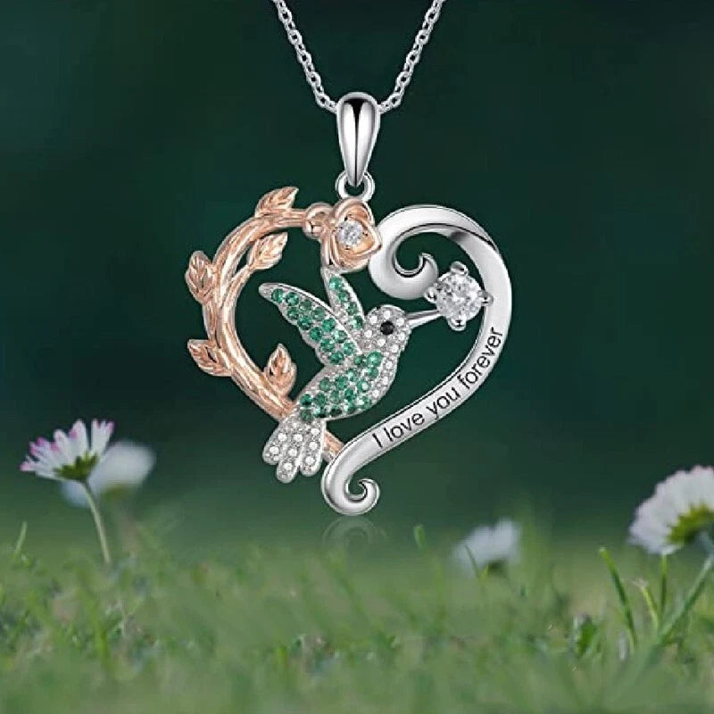 Rose heart-shaped pendant Hummingbird necklace/Birthday and Valentine's Day gift