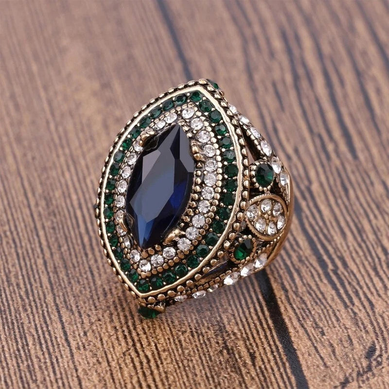Vintage blue turquoise wide ring resin crystal ring, women's ring accessories