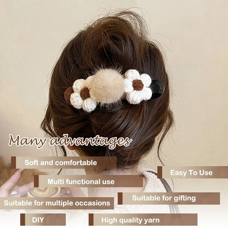 2 hair clips with plush flowers - beige (11.5cm) for the back of the head