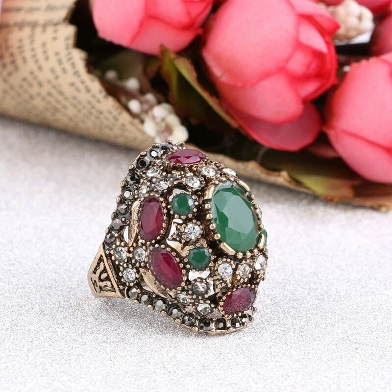 Vintage red turquoise square wide ring crystal zircon ring, women's ring jewelry