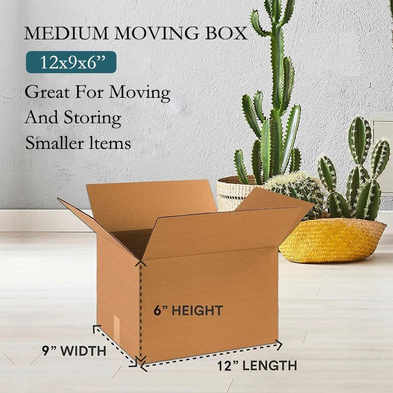 5-Pack 12x9x6-Inch Thick Kraft Paper Moving Boxes with 2-Inch Clear Sealing Tape