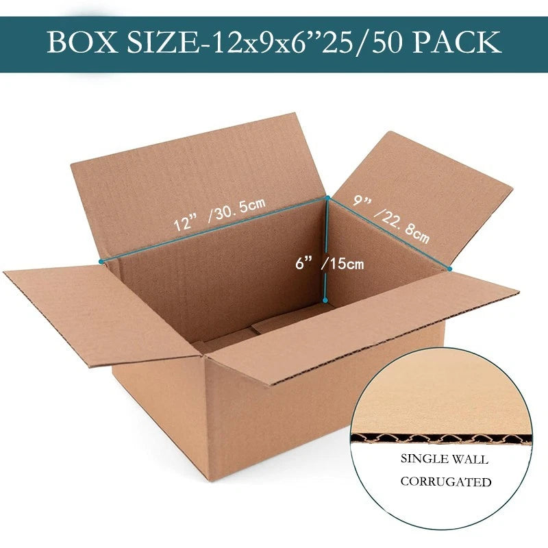 5-Pack 12x9x6-Inch Thick Kraft Paper Moving Boxes with 2-Inch Clear Sealing Tape