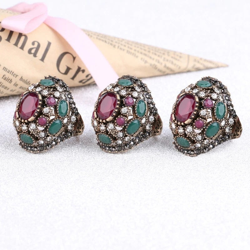 Vintage red turquoise square wide ring crystal zircon ring, women's ring jewelry