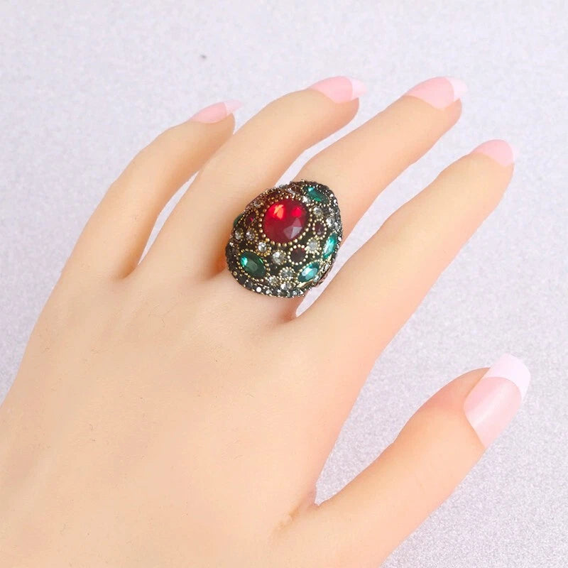 Vintage red turquoise square wide ring crystal zircon ring, women's ring jewelry