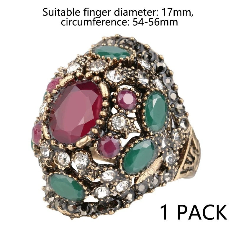 Vintage red turquoise square wide ring crystal zircon ring, women's ring jewelry