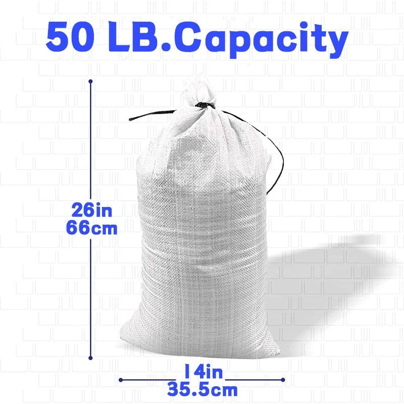 White polyethylene woven sandbags, 14 x 26 in (pack of 50)+ 1 roll of tie straps
