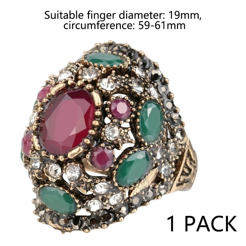 Vintage red turquoise square wide ring crystal zircon ring, women's ring jewelry