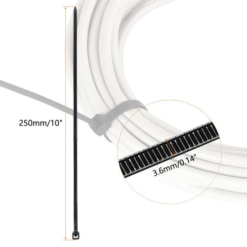 10-inch zipper cable ties, black, suitable for both indoor and outdoor use