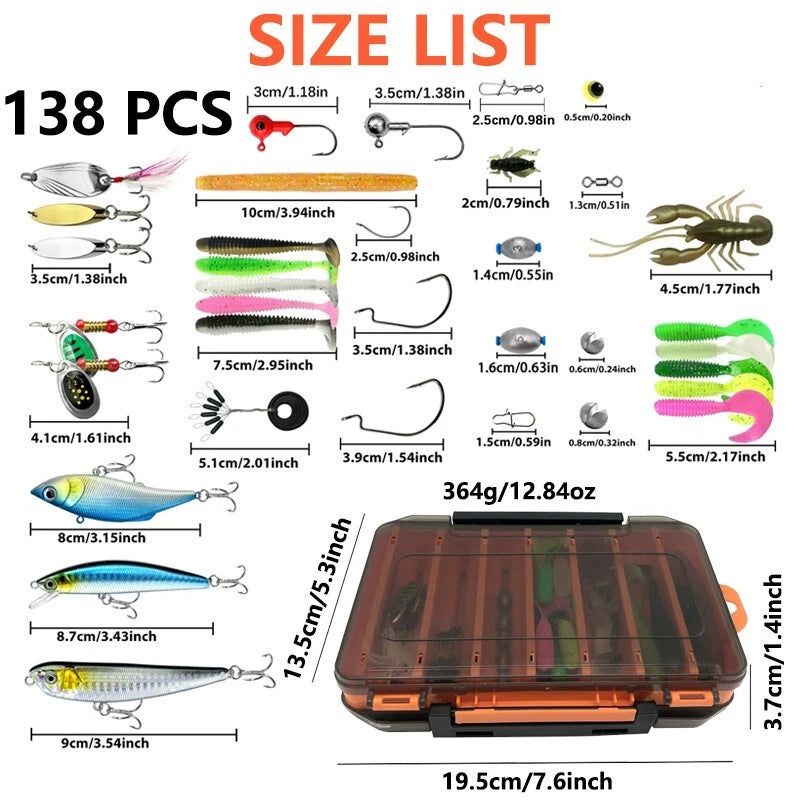 138 Bait sets - Fishing gear box with spoon bait, soft plastic worms and bait