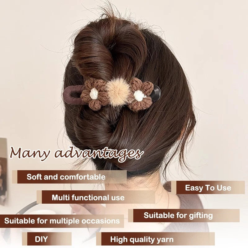 2 hair clips with plush flowers - dark coffee color (11.5 cm), duck beak clip