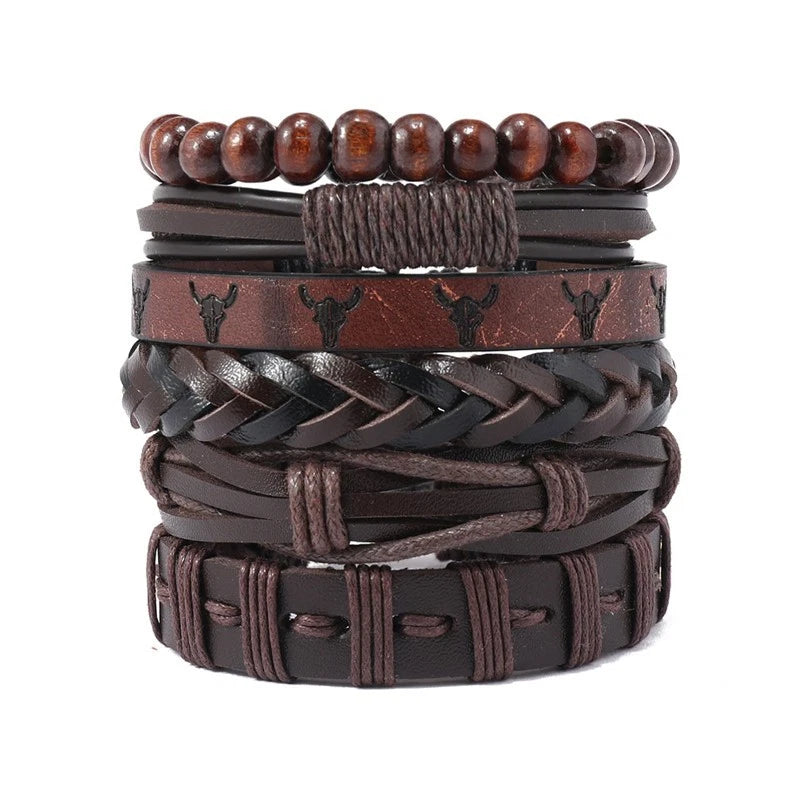 Set of 6 woven leather bracelets, unisex, adjustable, in black and brown.