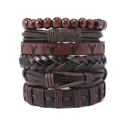 Set of 6 woven leather bracelets, unisex, adjustable, in black and brown.