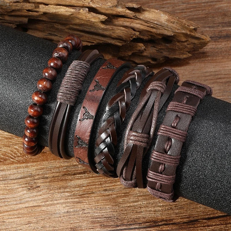 Set of 6 woven leather bracelets, unisex, adjustable, in black and brown.
