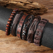 Set of 6 woven leather bracelets, unisex, adjustable, in black and brown.