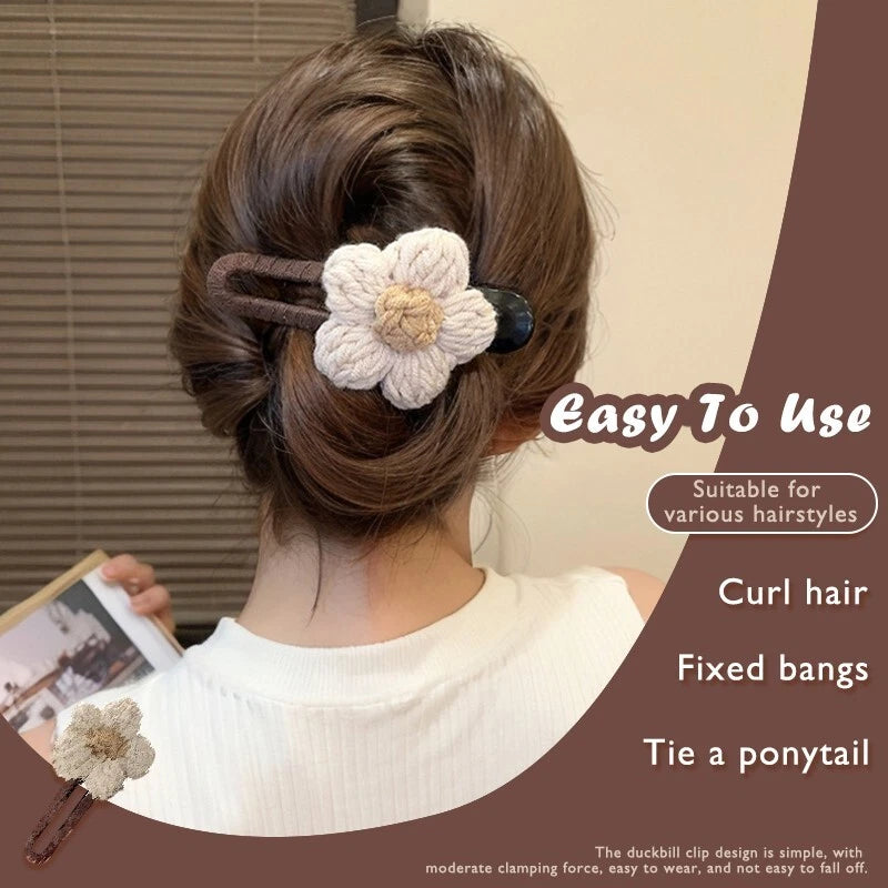 Plush flower hair clip, sweet elegant duck beak clip winter style back hair clip